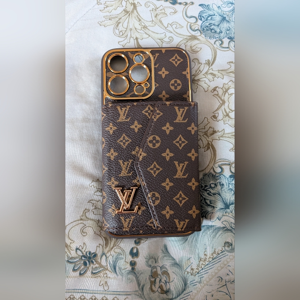 New, Brown & Gold LV 14 Pro Max Phone Case w/ Card Holder Attached